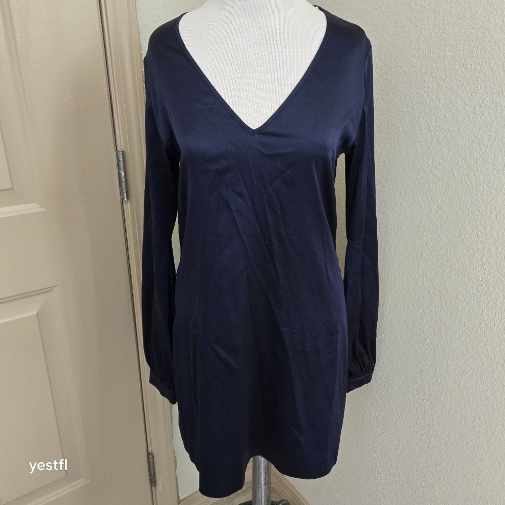 Ramy Brook Silk Shift Long Sleeve V-Neck dress S minimalist dark blue